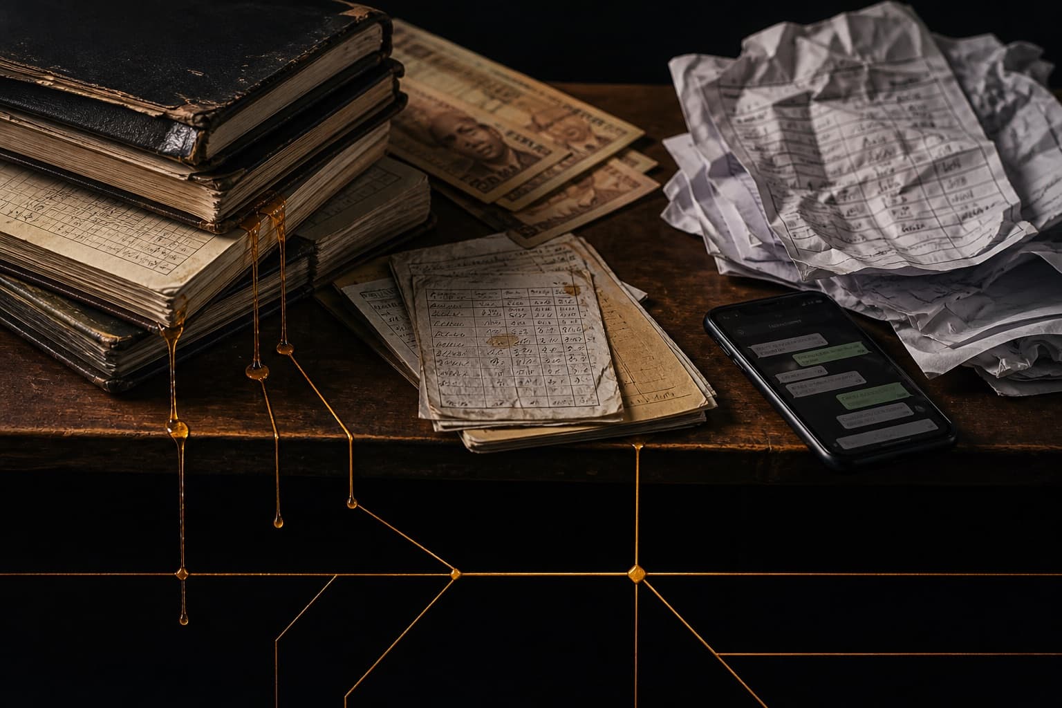 Handwritten ledgers leaking gold onto crumpled fee sheets, banknotes, and a phone — the leaks a school already pays for.