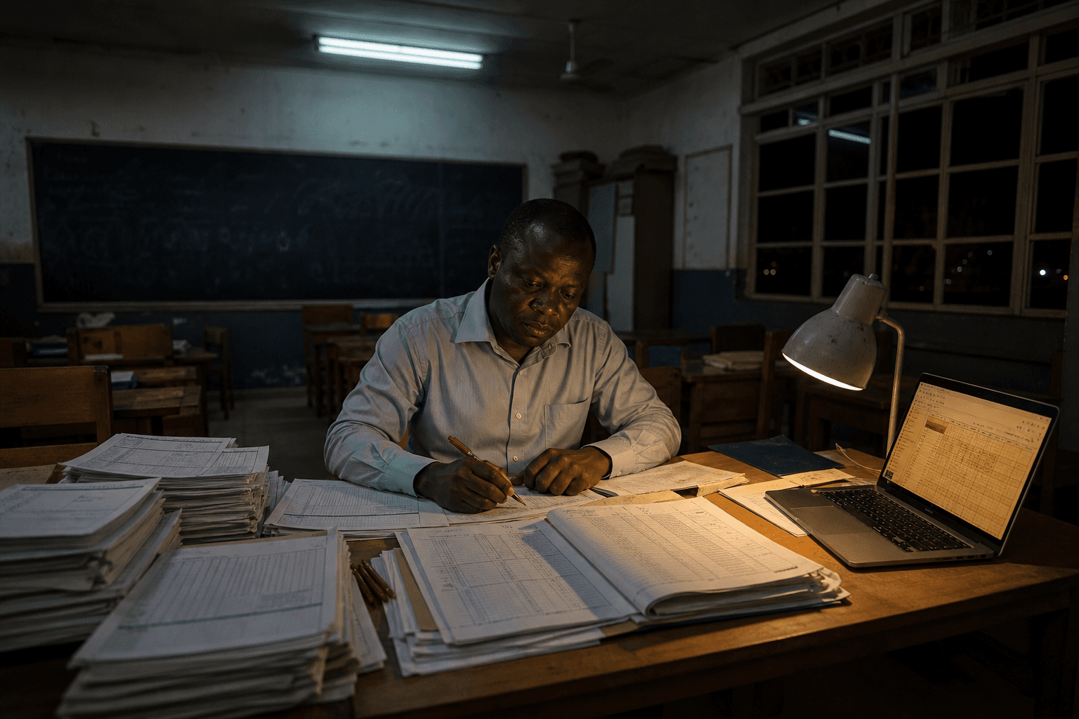 A Kinshasa teacher at night surrounded by paper report cards, with a laptop showing a clean digital bulletin.