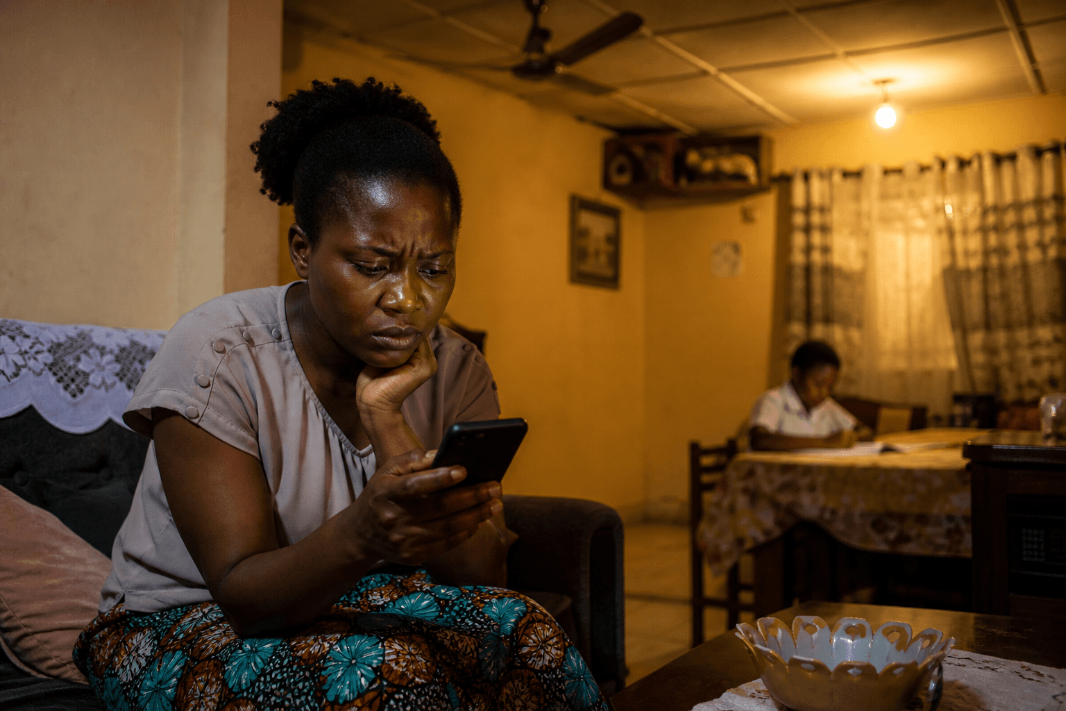 A parent at home in the evening checking the school on her phone while her child does homework.