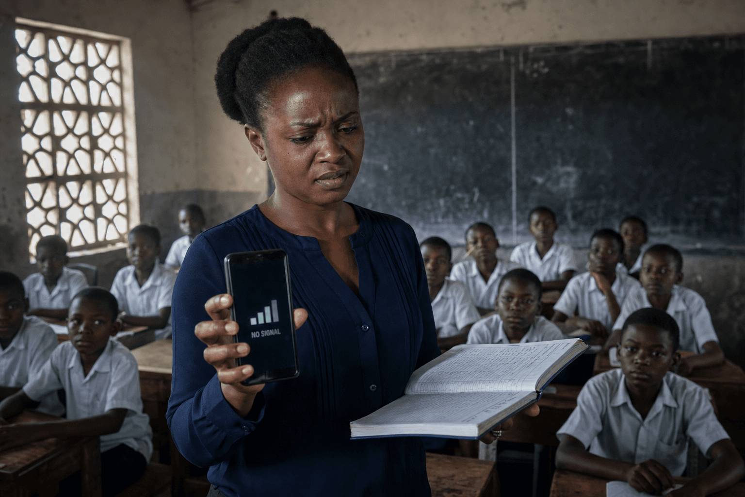 A teacher taking roll with a paper register and a phone that has no signal, students in uniform behind her.