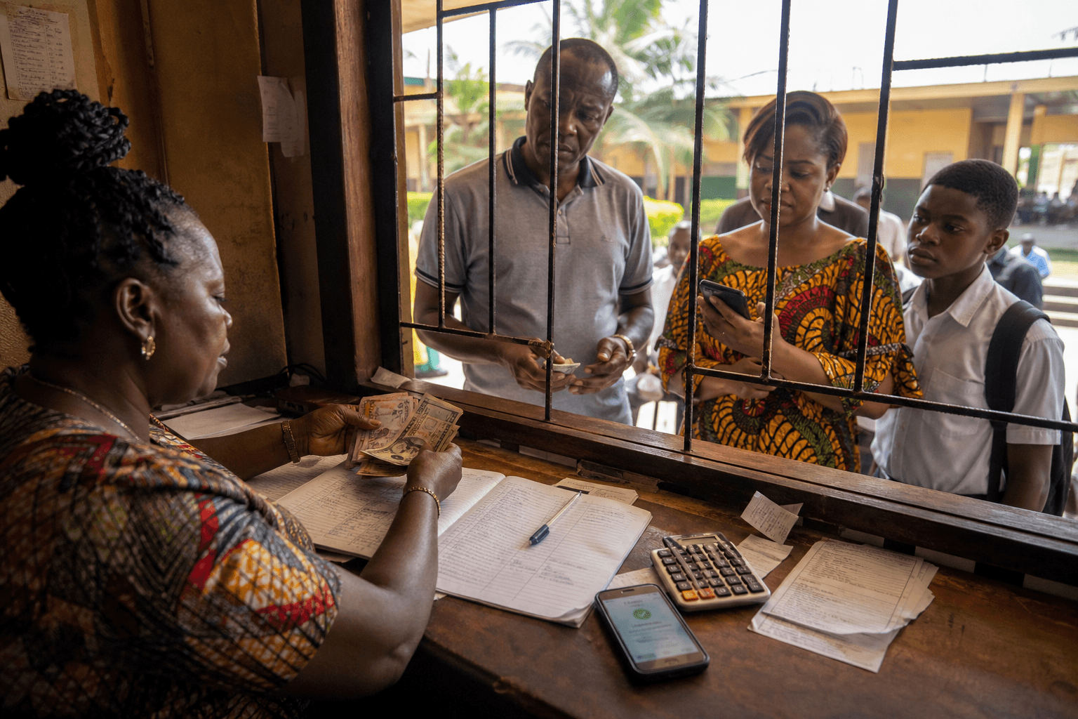 A bursar counting cash at a school cashier window while parents wait with notes and phones.
