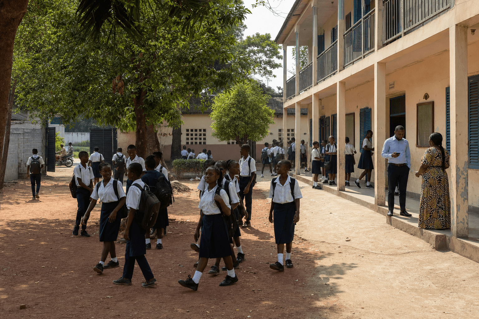 Students in uniform in a Kinshasa private-school courtyard at midday, a parent speaking with the director.