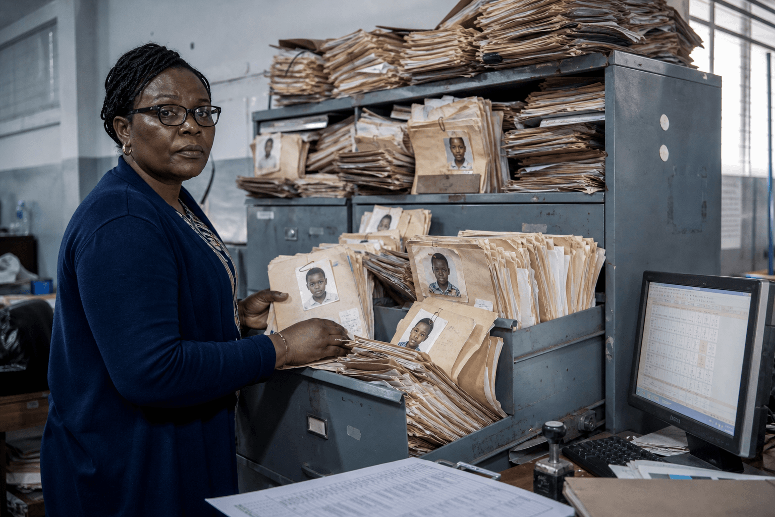 A registrar at an overflowing filing cabinet of student folders, photos clipped to manila files.