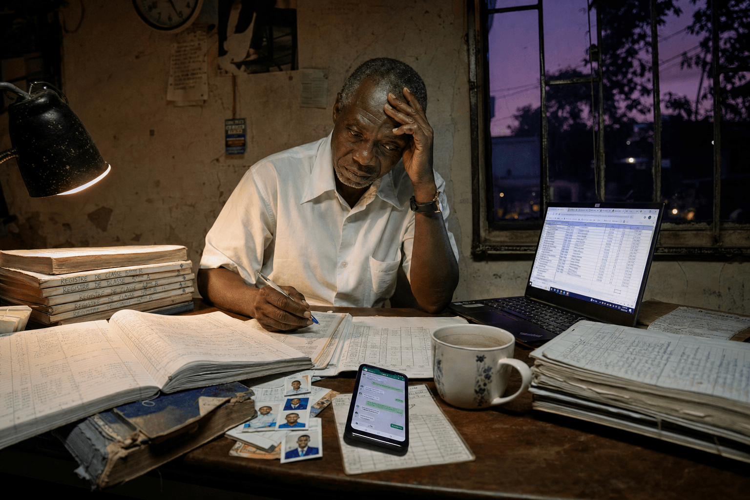 A Kinshasa school director at dusk, desk buried under registers, a spreadsheet, and a buzzing phone.