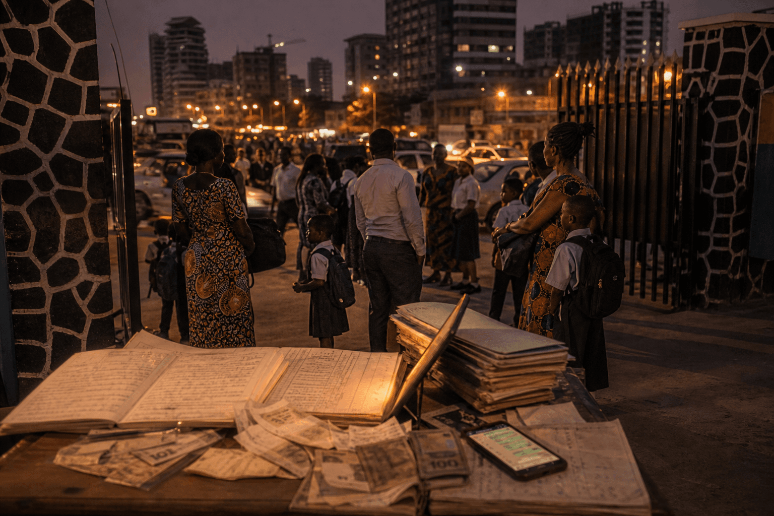 A Kinshasa school gate at dusk: parents, uniforms, handwritten ledgers, cash, and a phone — the system the city already runs on.